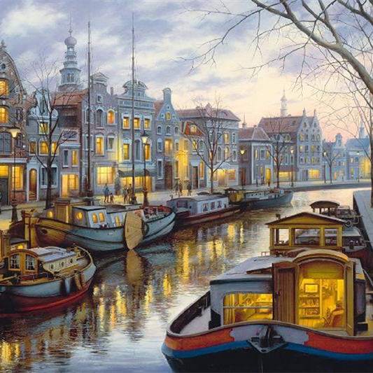 Quadro su tela Porto europeo al tramonto