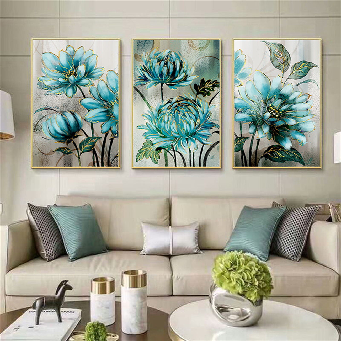 Quadro fiori blu e pizzo dorato