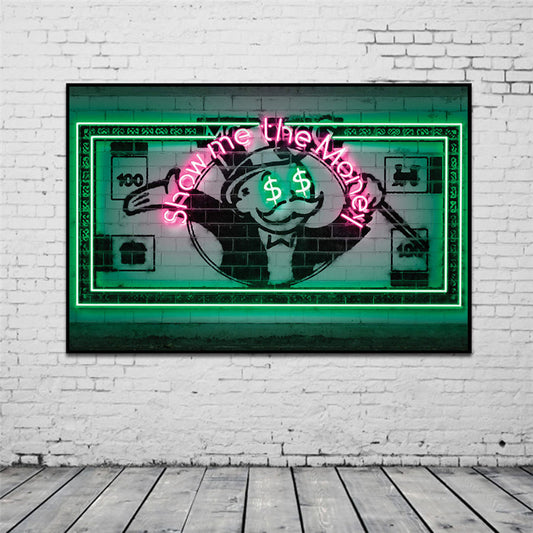 Poster Personaggio cartoon con occhi dollaro neon