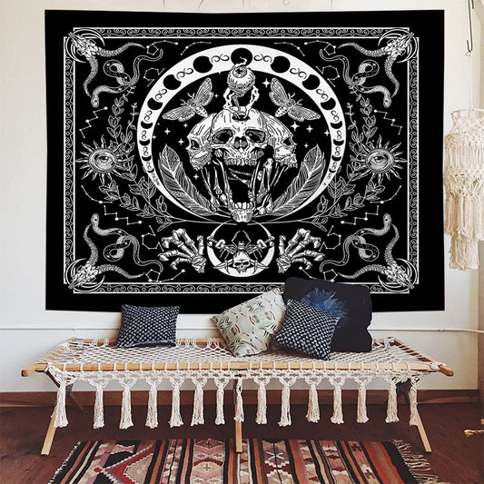 Arazzo Teschio mistico bianco-nero con serpenti