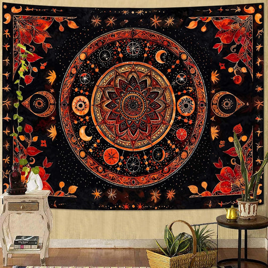 Arazzo Mandala zodiacale arancio e nero