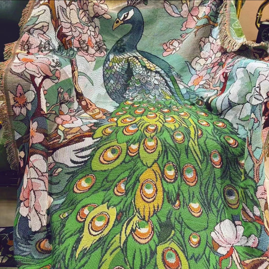 Coperta tessuta pavone blu e fiori