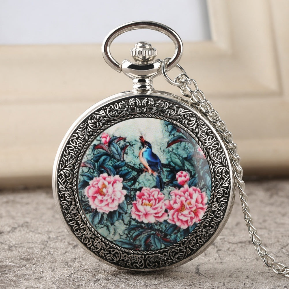 Orologio tasca fiori uccelli retrò