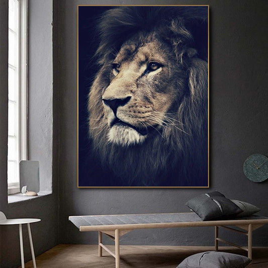 Quadro su tela Leone profilo fondo blu elegante