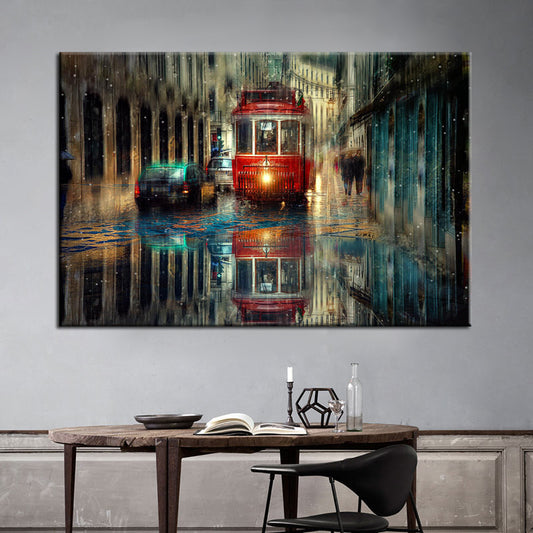 Poster Tram rosso strada bagnata