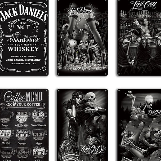 Quadro Collage dark con whiskey, caffè, motociclette