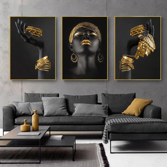 Poster Donna africana con accessori oro astratti