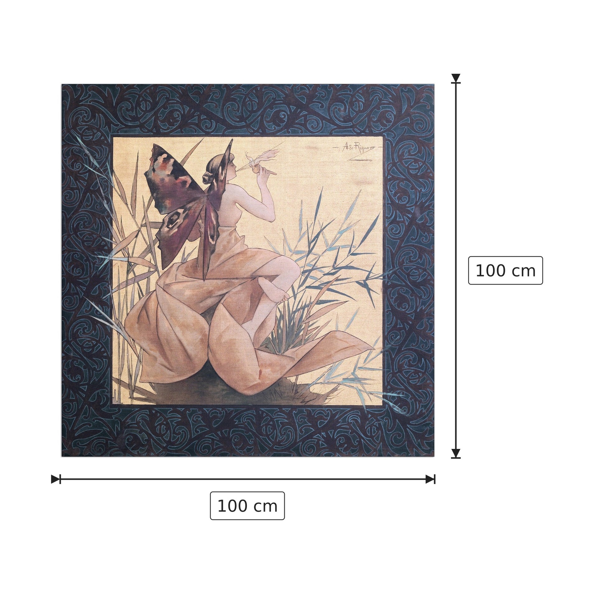 Winged nymph blowing amongst reeds - Alexandre de Riquer - cm 100x100 - Pannello in MDF