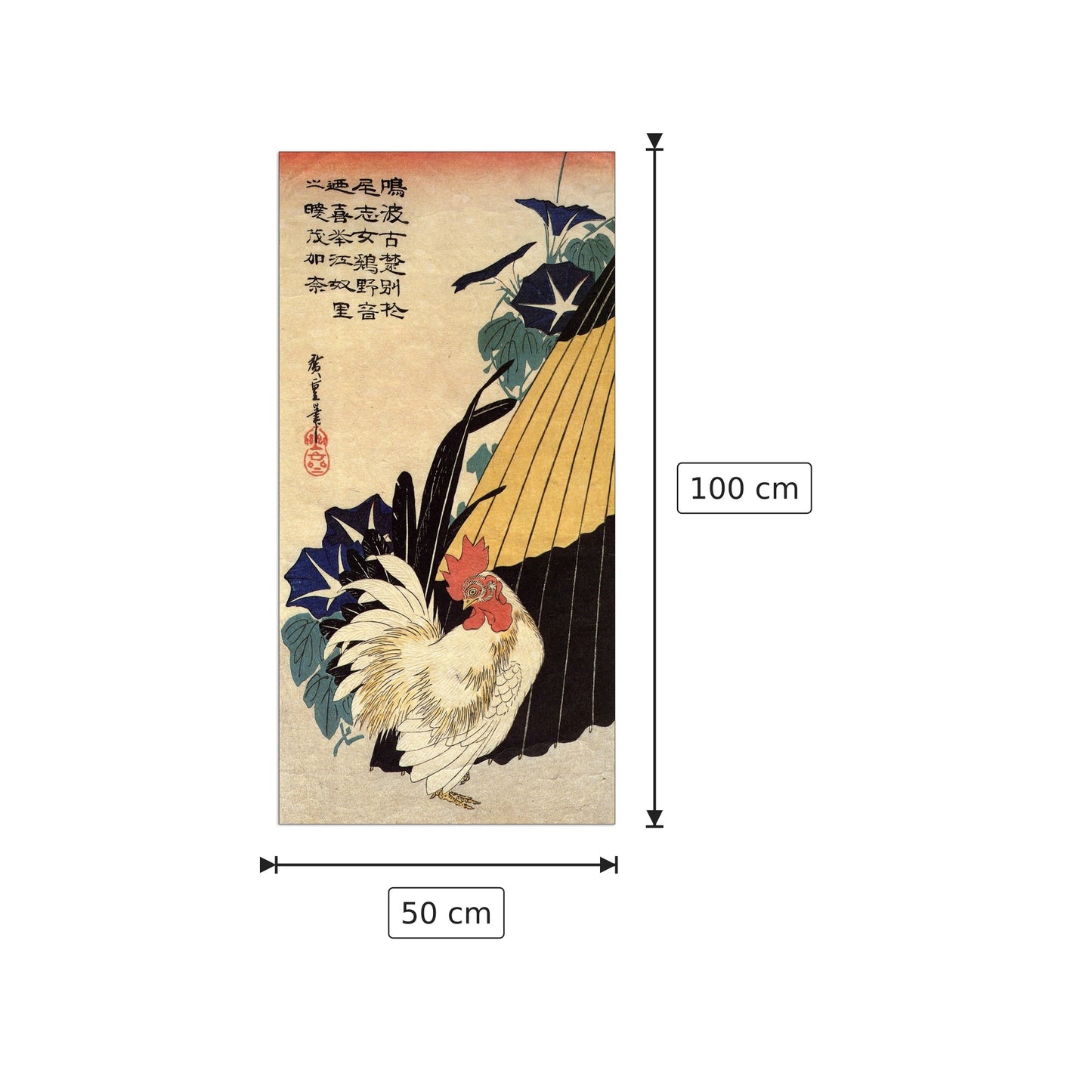 Cock, umbrella and morning glory - Hiroshige Utagawa - cm 50x100 - Pannello in MDF