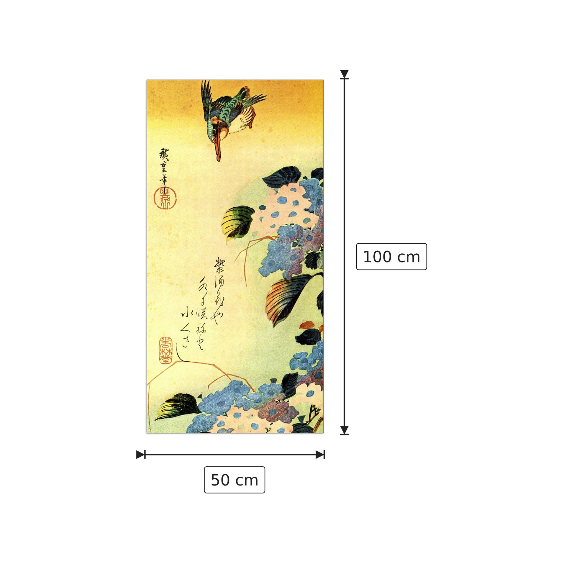 Kingfisher and Hydrangea - Hiroshige Utagawa - cm 50x100 - Pannello in MDF