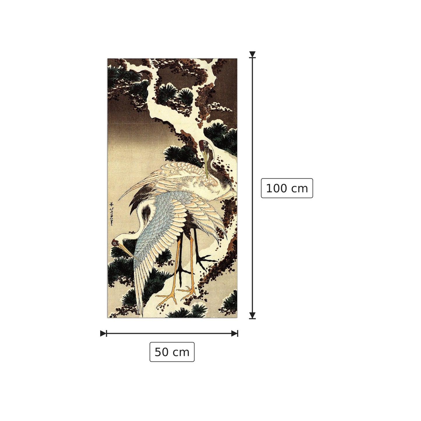 Two cranes on a pine covered with snow - Hokusai Katsushika - cm 50x100 - Pannello in MDF