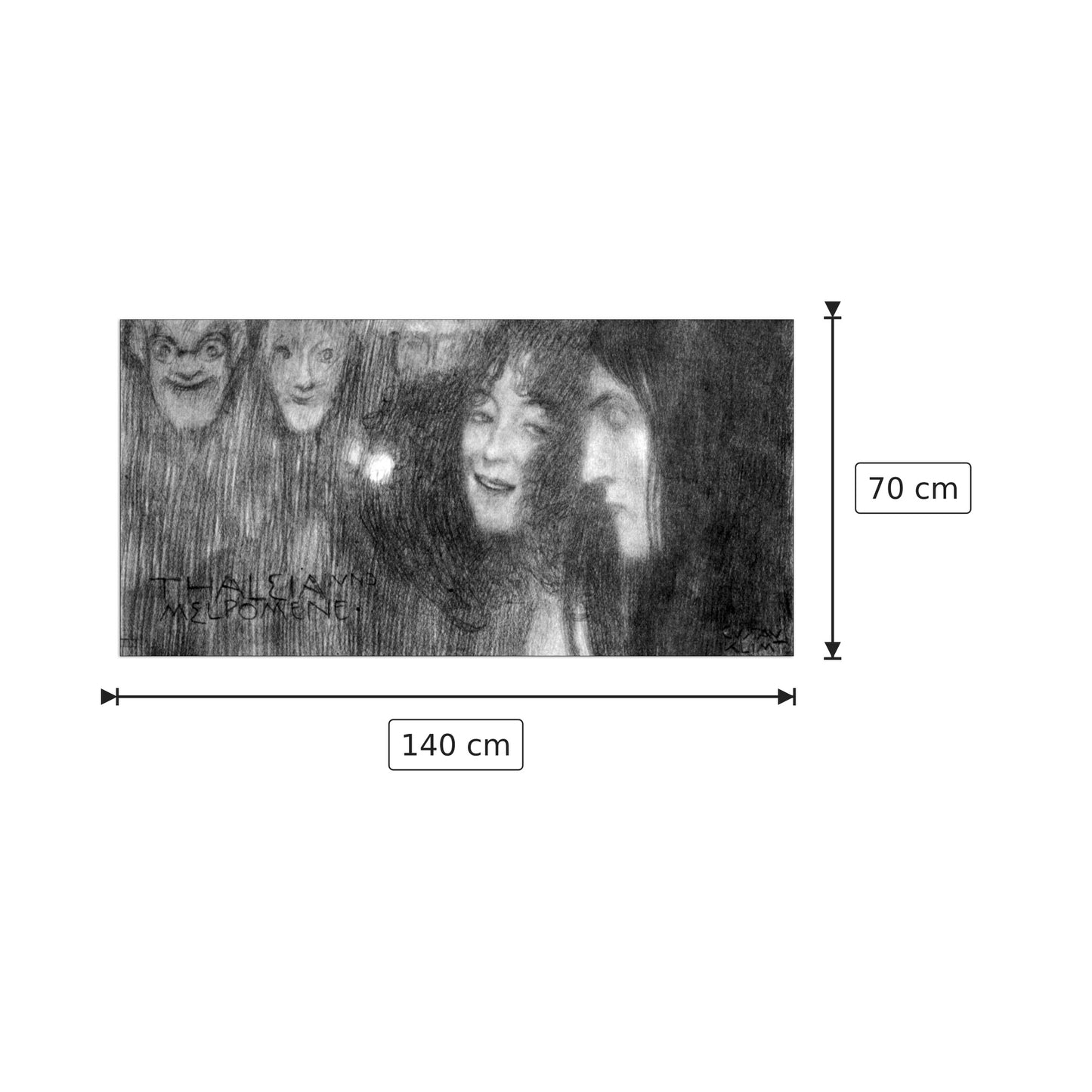 Two girls heads in profile and masks Thalia and Melpomene - Klimt Gustav - cm 140x70 - Pannello in MDF