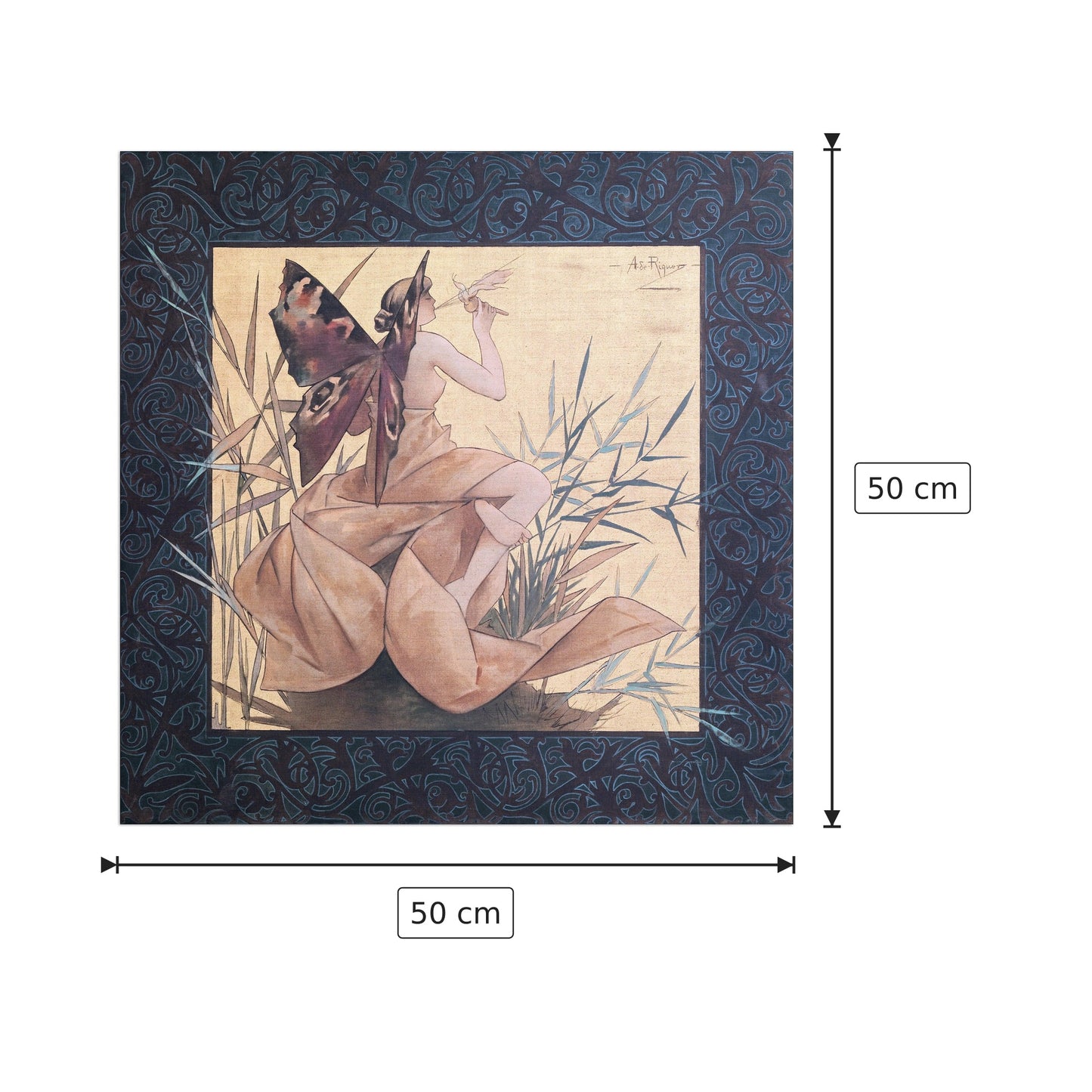 Winged nymph blowing amongst reeds - Alexandre de Riquer - cm 50x50 - Pannello in MDF