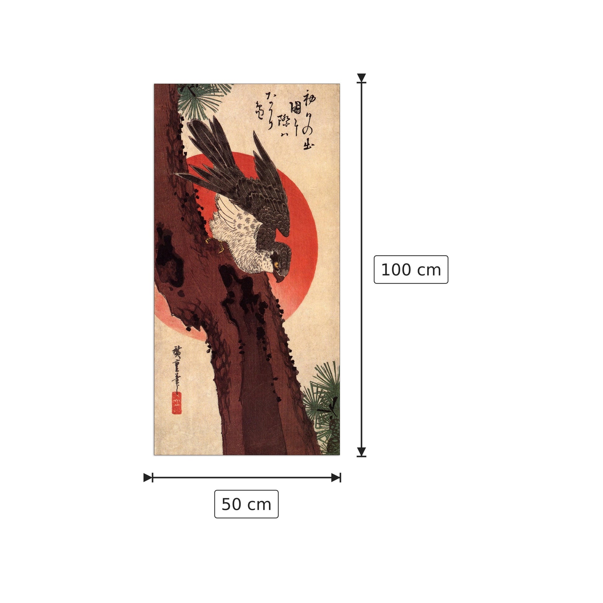 Falco su un pino con sole nascente - Hiroshige Utagawa - cm 50x100 - Pannello in MDF