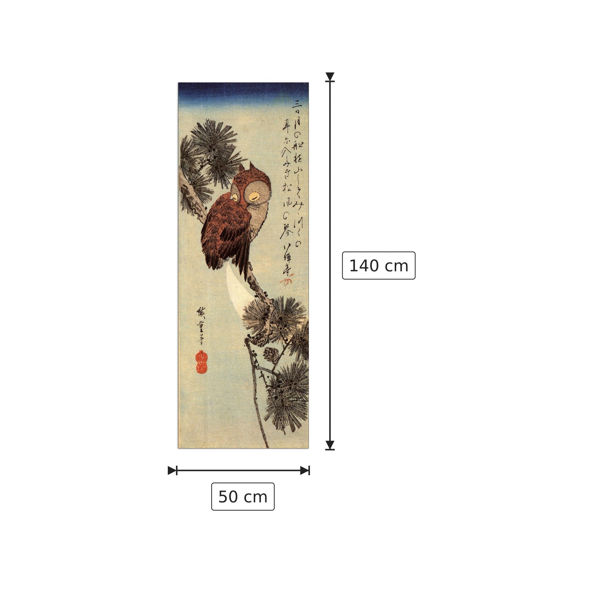 Gufo marrone su ramo di pino - Hiroshige Utagawa - cm 50x140 - Pannello in MDF
