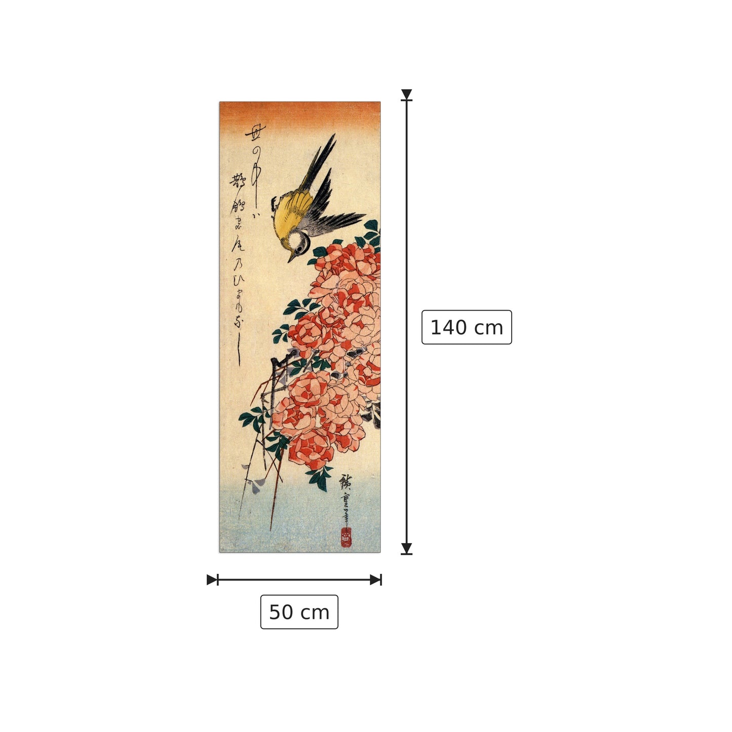 Cutrettola e rose - Hiroshige Utagawa - cm 50x140 - Pannello in MDF