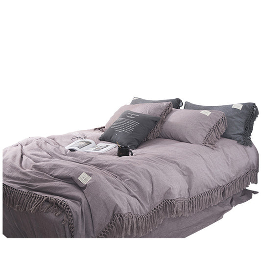 Completo letto cotone rosa unito frangia