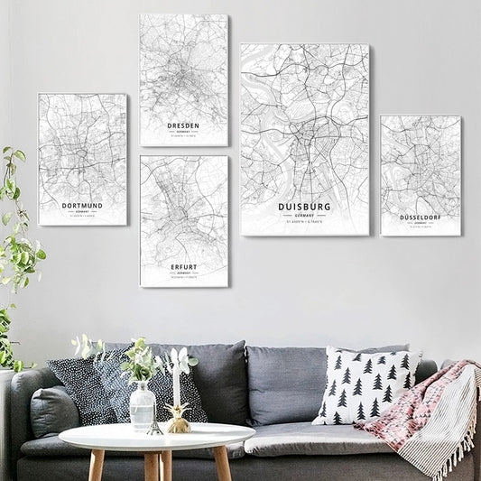 Quadro su tela Mappe urbane cinque città Germania