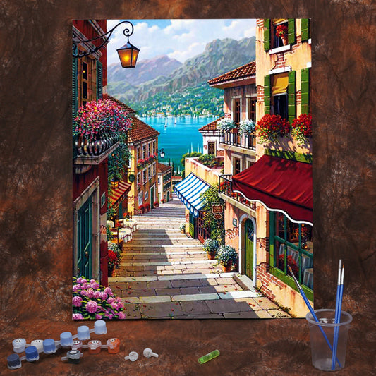 Quadro su tela Paesaggio con figura e fiori