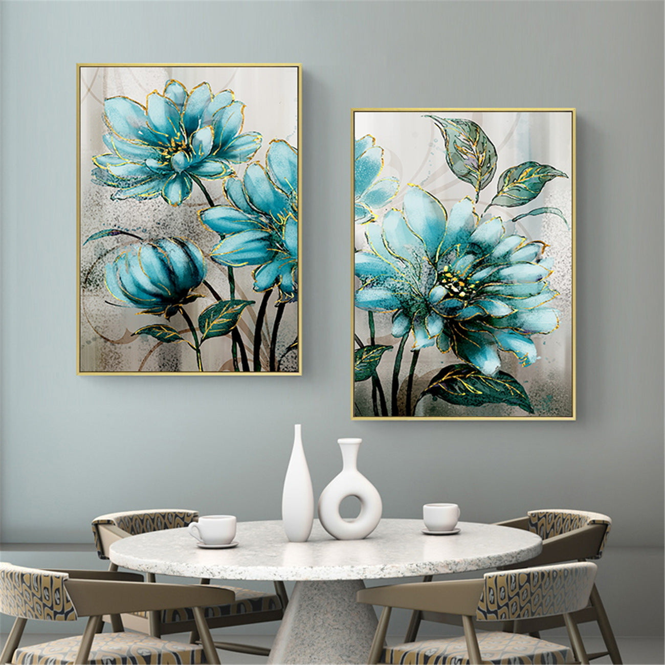 Quadro fiori blu e pizzo dorato