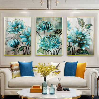 Quadro fiori blu e pizzo dorato