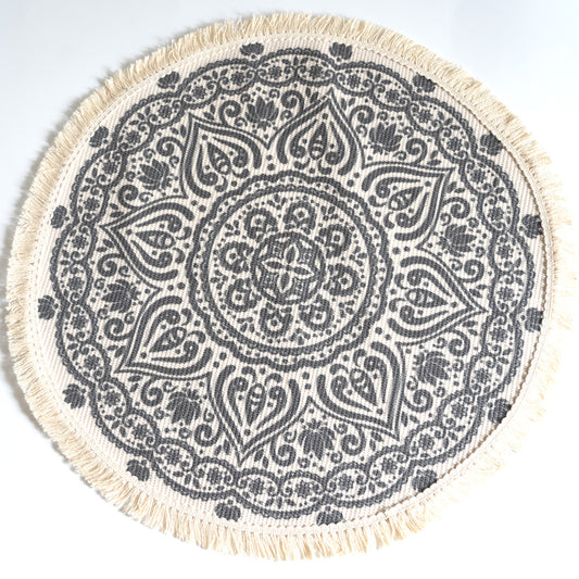 Tappeto rotondo mandala blu bianco frangia