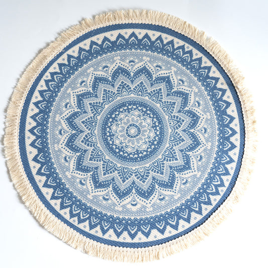 Tappeto rotondo mandala blu bianco frangia