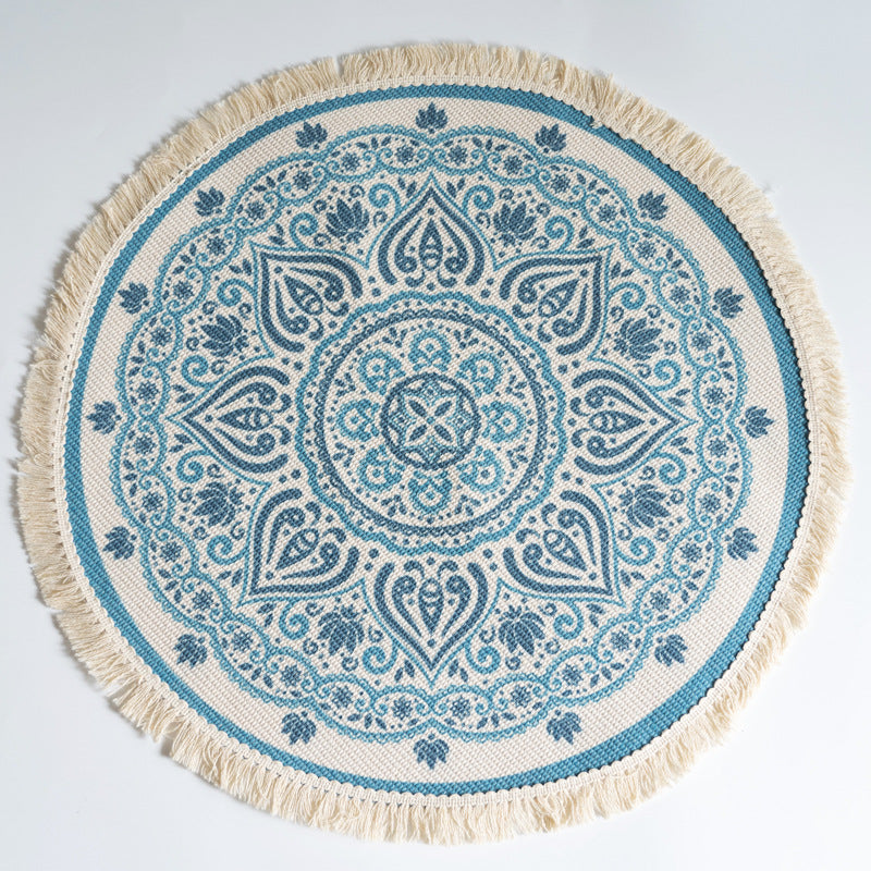Tappeto rotondo mandala blu bianco frangia