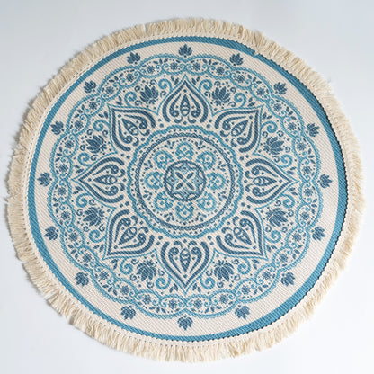 Tappeto rotondo mandala blu bianco frangia