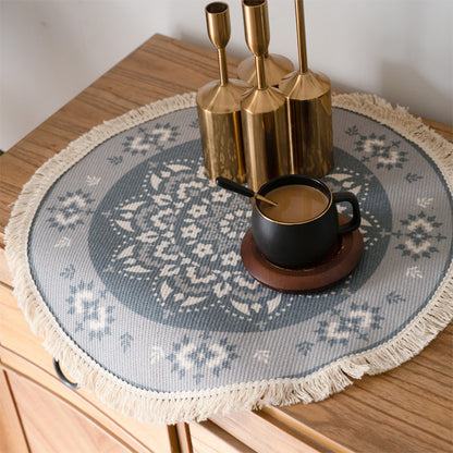 Tappeto rotondo mandala blu bianco frangia