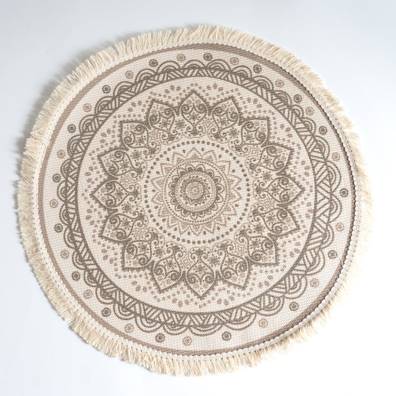 Tappeto rotondo mandala blu bianco frangia