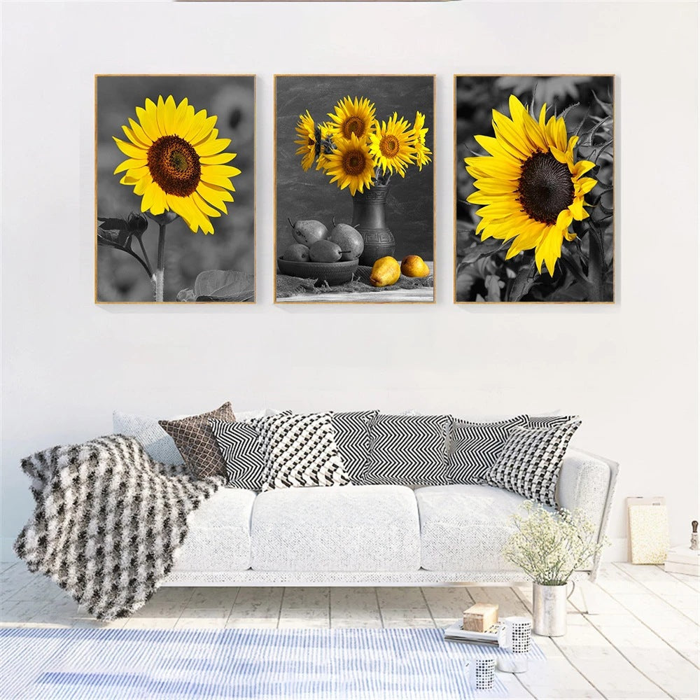 Trittico girasoli bianco e nero