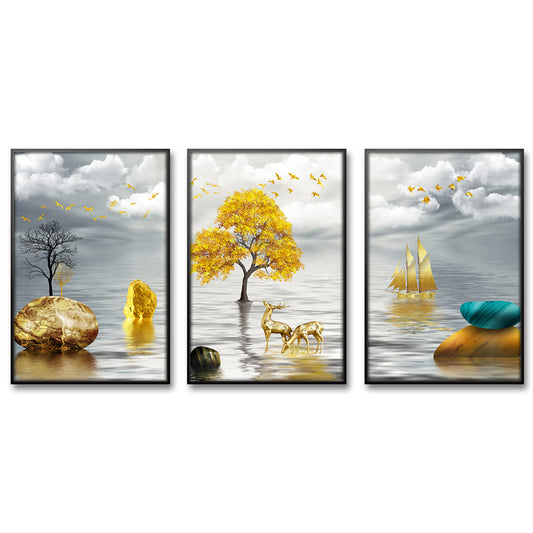 Quadro su tela Cervo dorato e albero
