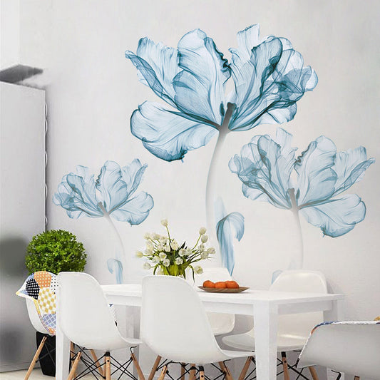 Adesivo murale Tre fiori blu acquerello trasparenti