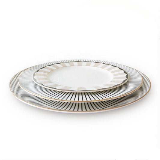 Stoviglie ceramica bianca righe geometriche nere