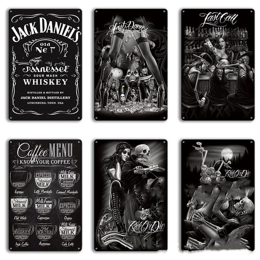 Quadro Collage dark con whiskey, caffè, motociclette