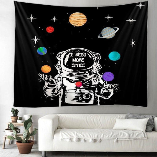 Arazzo Astronauta bianco-nero circondato da pianeti colorati