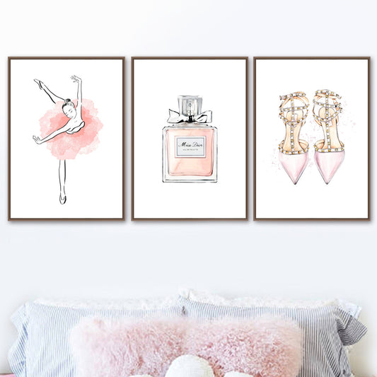 Quadro su tela Ballerina profumo e scarpe minimalista oro