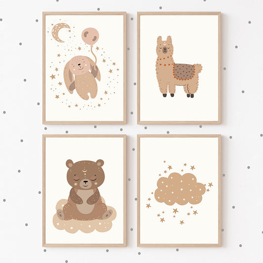 Quadro su tela Orso coniglio alpaca luna arcobaleno