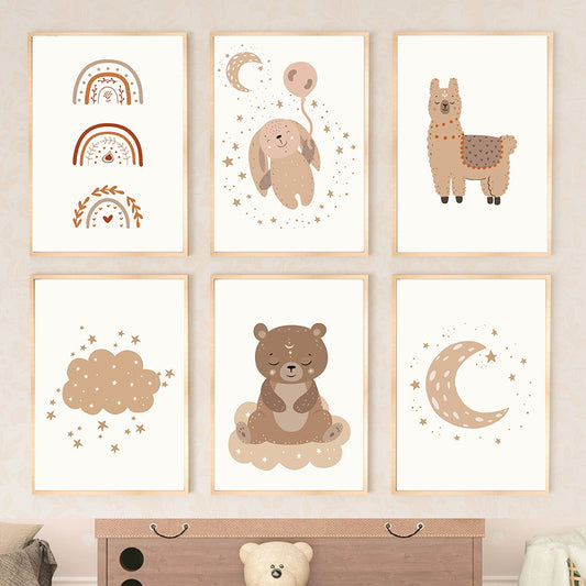 Quadro su tela Orso coniglio alpaca luna arcobaleno
