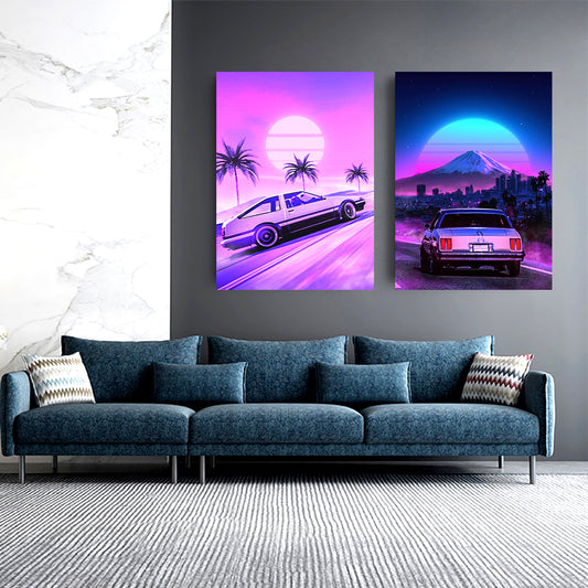 Quadro su tela Auto al tramonto neon