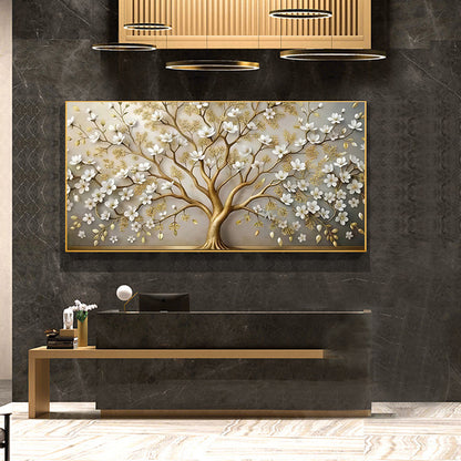 Adesivo murale Albero bianco e oro con foglie