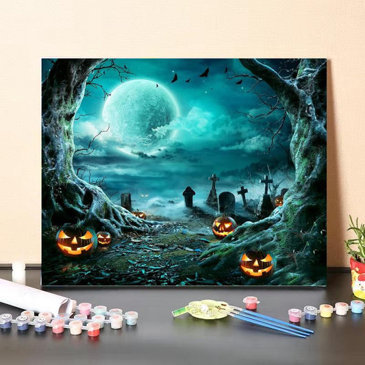 Quadro su tela Strega e zucche di Halloween
