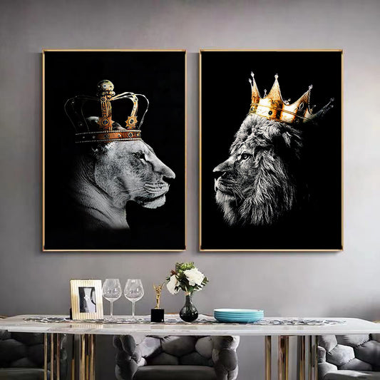 Quadro su tela Leoni con corone
