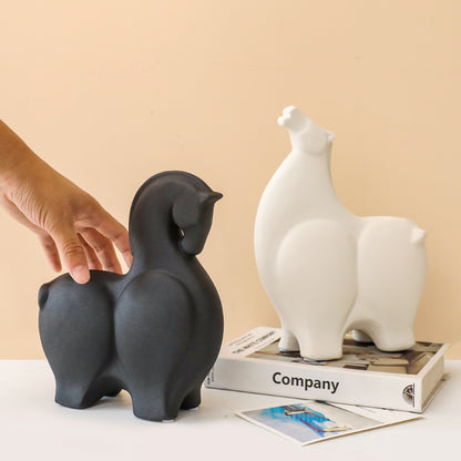 Scultura cavallo in ceramica bianco nero