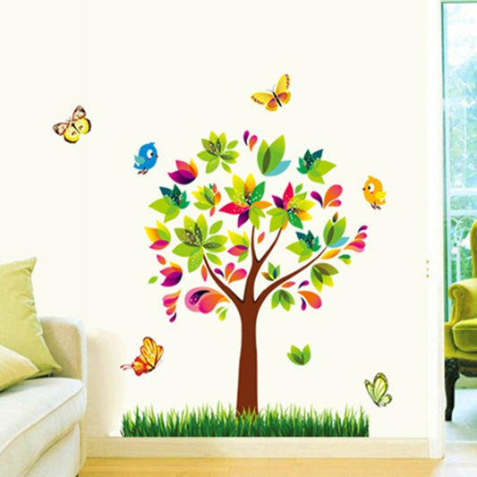 Adesivo murale Albero colorato con farfalle e uccelli