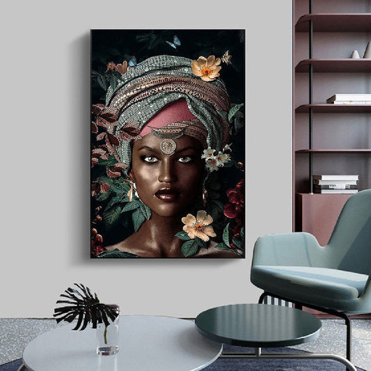 Quadro su tela Donna con turbante e fiori