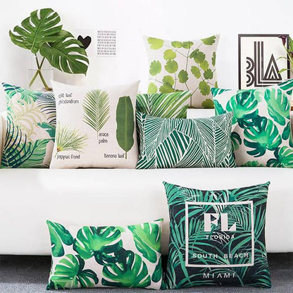 Cuscino tessuto stampa foglie tropicali monstera