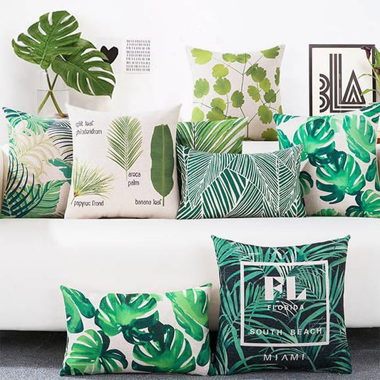 Cuscino tessuto stampa foglie tropicali monstera