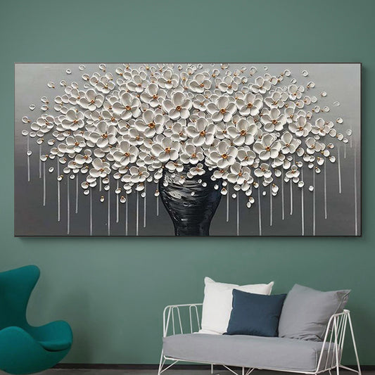 Quadro su tela Vaso nero con fiori bianchi astratti